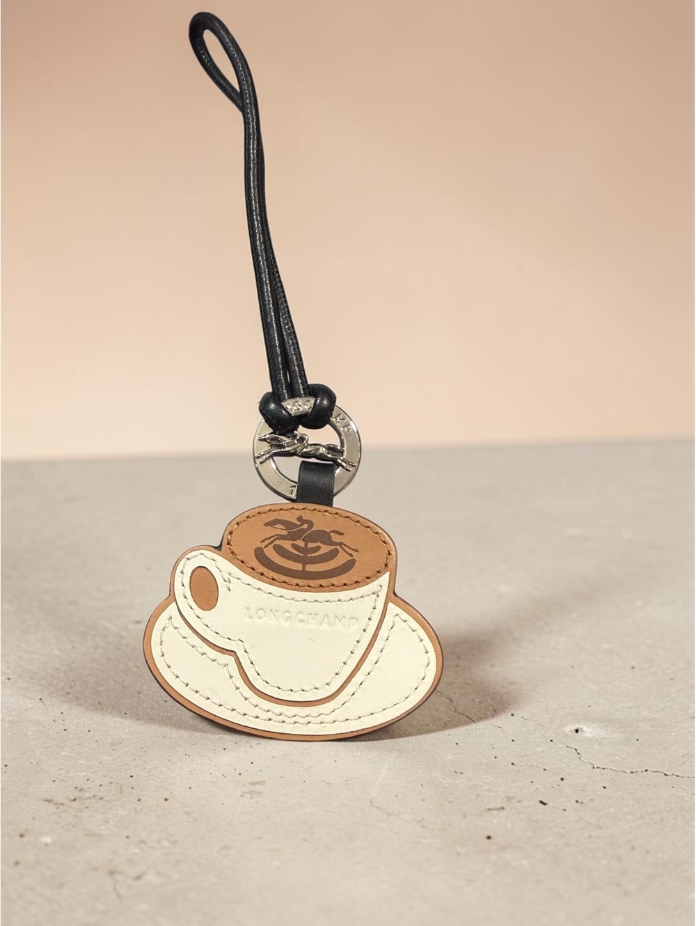 Longchamp Coffee Cup Leather Bag Charm Keyring White Tan Black Horse Logo